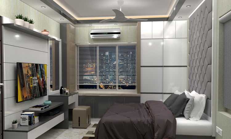 Master Bedroom Design with TV Unit and Sliding Wardrobe