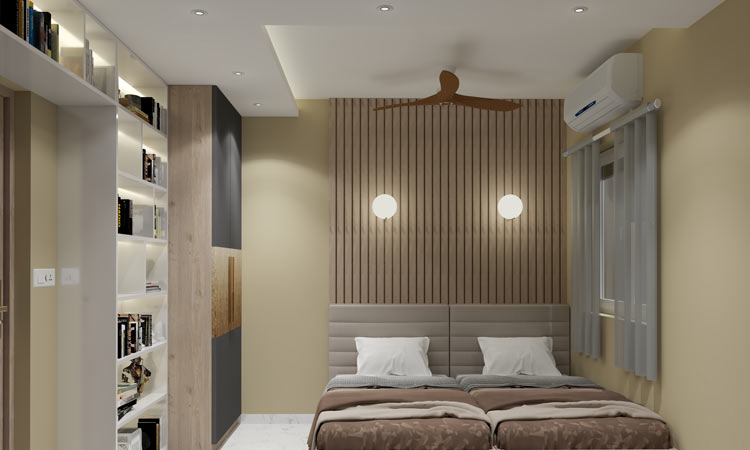 Simple Bedroom Design With Back Side Paneling and False ceiling