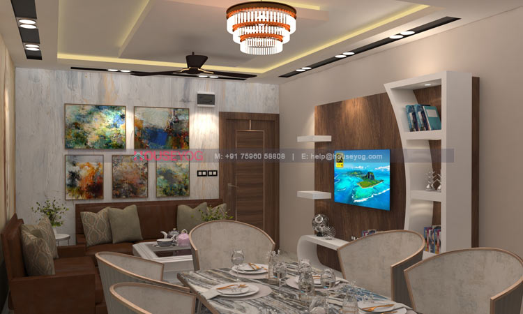 Living Area Design With False Ceiling and Chandelier