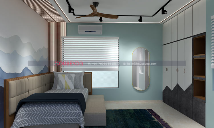 Simple Parents Bedroom Design With Wardrobe and False Ceiling