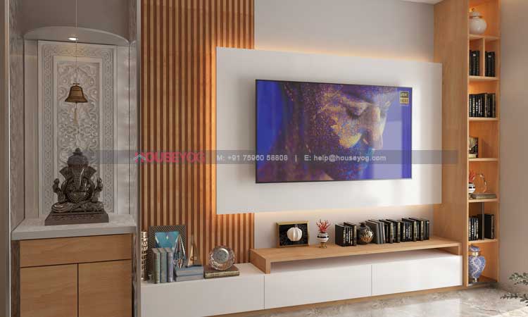 Main Hall Modern TV Unit Design with Natural Wood Finish