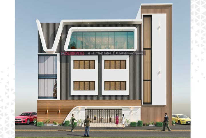 Small Banquet Hall Design in Eluru, Andhra Pradesh (G+3) – Modern Elevation, Smart Layout & Compact Planning